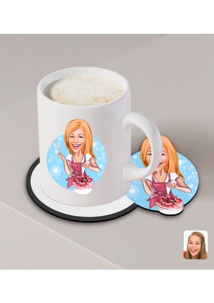 Kişiye Özel Kadın Aşçı Karikatürlü Beyaz Kupa ve Ahşap Bardak Altlığı Hediye Seti-1 fiyatları