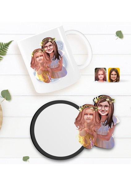 Kişiye Özel Kız Kardeşler Karikatürlü Beyaz Kupa ve Ahşap Bardak Altlığı Hediye Seti-2