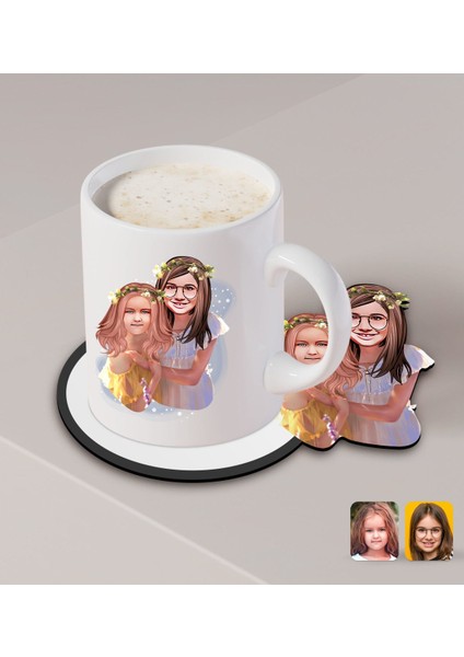 Kişiye Özel Kız Kardeşler Karikatürlü Beyaz Kupa ve Ahşap Bardak Altlığı Hediye Seti-2 fiyatları