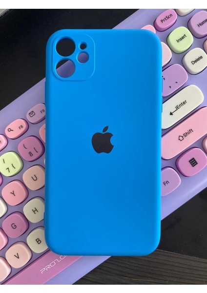 Apple iPhone 11 Uyumlu Logolu Kamera Korumalı Mavi Renk Lansman Kılıf