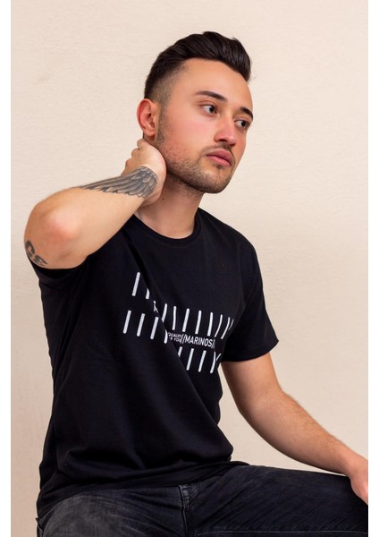 Siyah Çizgi Baskılı Normal Kesim Bisiklet Yaka Erkek Tişört 22ETSHMROS fırsatları