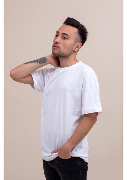 Beyaz Basic Düz Baskısız Pamuklu Oversize Tişört 22ETSHOVRS