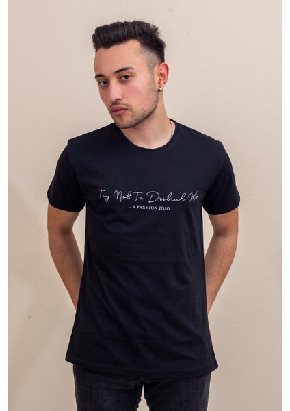 Siyah El Yazısı Imza Baskı Normal Kesim Bisiklet Yaka Erkek T-Shirt 22ETSHEYAZ