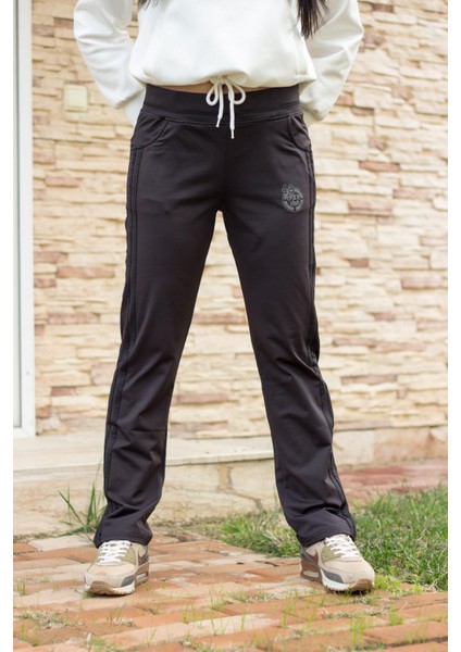 Kadın Siyah Şeritli Basic Esnek Rahat Kalıp Cepli Ince Eşofman Altı 21KESAAKT2