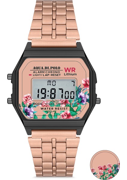 Kadın Rose Gold Metal Kordonlu Çiçek Desenli Dijital Retro Saat APWA034003
