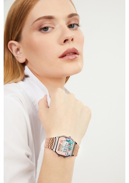 Kadın Rose Gold Metal Kordonlu Çiçek Desenli Dijital Retro Saat APWA034003 fiyatları