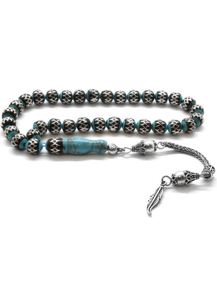 925 Ayar Gümüş Püsküllü Küre Kesim Gümüş-Oltu Sarmal Firuze Doğaltaş Tesbih