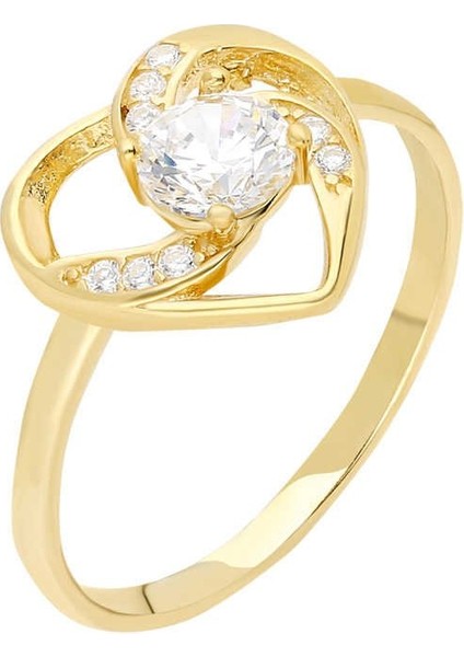 Zirkon Tektaşlı Kalp Tasarım Gold Renk 925 Ayar Gümüş Bayan Yüzük fiyatları