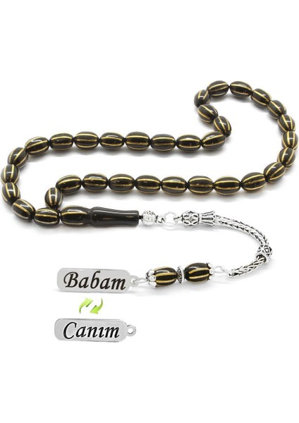 925 Ayar Gümüş Canım Babam Püsküllü Pirinç Işlemeli Kapsül Kesim Rus Oltu Tesbih