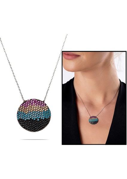 Renkli Zirkon Taşlı Daire Tasarım 925 Ayar Gümüş Bayan Kolye