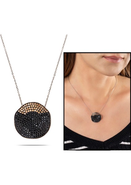 Sarı-Siyah Zirkon Taşlı Dalgalı Tasarım 925 Ayar Gümüş Bayan Kolye