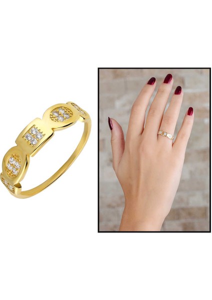 Zirkon Taşlı Geometrik Tasarım Gold Renk 925 Ayar Gümüş Bayan Yüzük