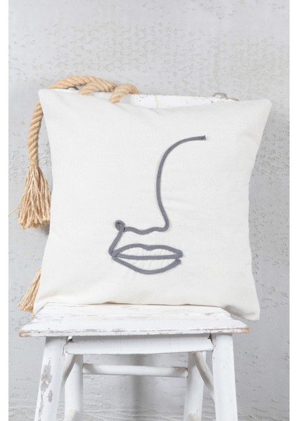 Boho Kırlent Kılıfı Yüz Çizgi Sanatı Krem, Tek Çizgi Sanatı, Minimalist Çizim 42 x 42 cm
