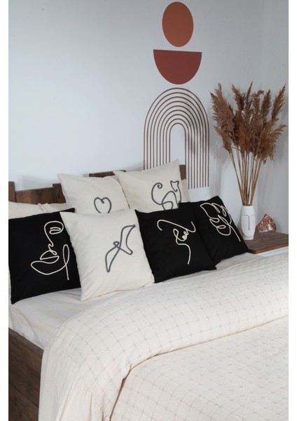 Boho Kırlent Kılıfı Yüz Çizgi Sanatı Krem, Tek Çizgi Sanatı, Minimalist Çizim 42 x 42 cm