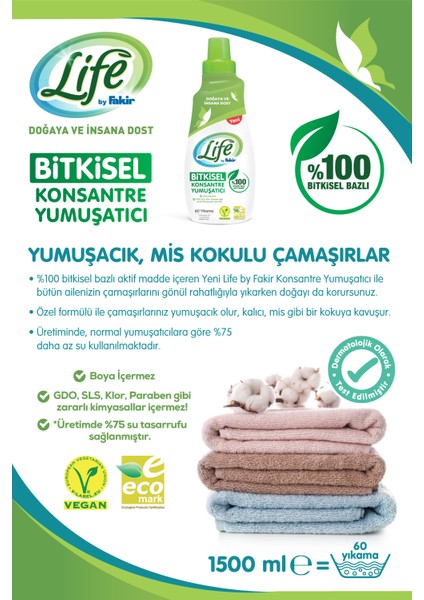 Life by Fakir %100 Bitkisel Bazlı Konsantre Çamaşır Yumuşatıcısı 1500 ml (60 Yıkama)