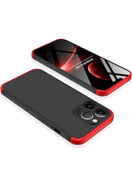Apple iPhone 13 Pro Kılıf 3 Parçalı Tam Koruma Sert Mika Ays Kapak Siyah Kırmızı