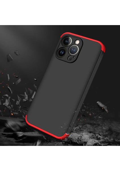 Case 4U Apple iPhone 13 Mini Kılıf 3 Parçalı Tam Koruma Sert Mika Ays Kapak Siyah Kırmızı