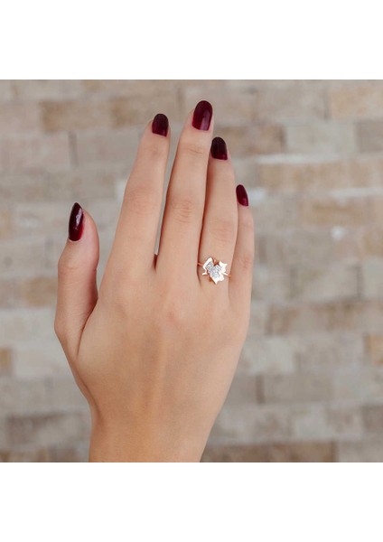 Zirkon Taşlı Çınar Yaprağı Tasarım Rose Renk 925 Ayar Gümüş Bayan Yüzük modelleri