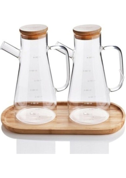 Yağlık Sirkelik Seti Silikon Contalı Bambu Kapaklı 3'lü Set Yağdanlık Standlı