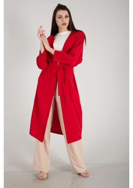Kırmızı Krep Belden Kuşaklı Kimono 0107121.08