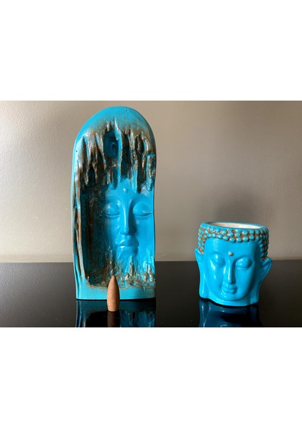 2'li Set , Buddha Geri Akış Tütsülük ve Buddha Buhurdanlık, Eskitme Turkuaz.