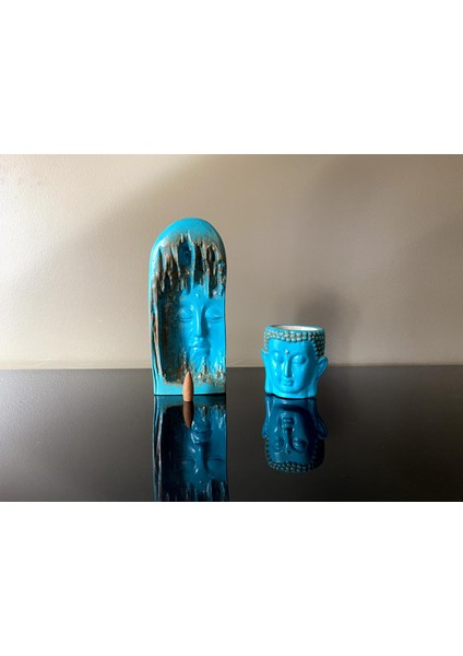 2'li Set , Buddha Geri Akış Tütsülük ve Buddha Buhurdanlık, Eskitme Turkuaz.