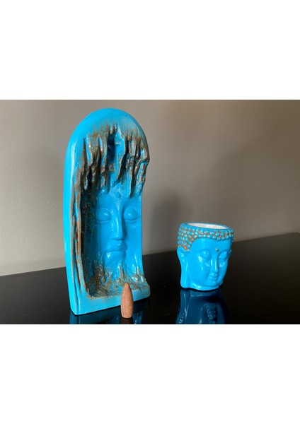 2'li Set , Buddha Geri Akış Tütsülük ve Buddha Buhurdanlık, Eskitme Turkuaz.