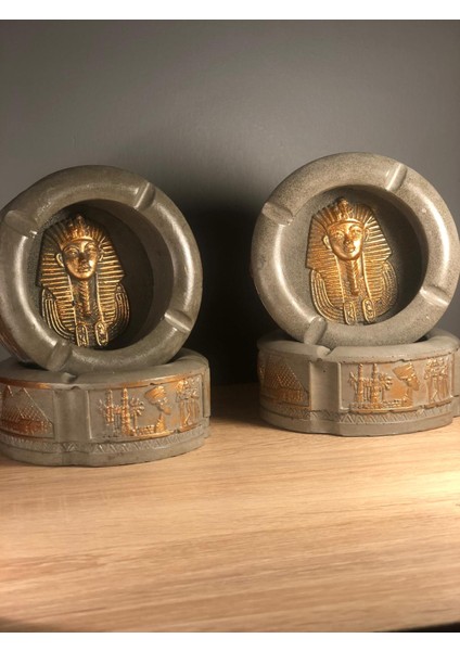 Talya Art Design, 1 Adt Mısır Figürlü, Beton Rengi ve Altın Rengi Kabartmalı Küllük, Kül Tablası.