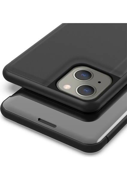 iPhone 14 Max Için Aynalı Deri Telefon Kılıfı - Mavi (Yurt Dışından)