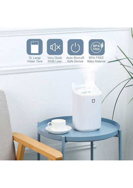 Yatak Odası İçin Soğuk Sis Nemlendirici USB Kolay Temizleme / Üst Doldurma / Asla Sızdırmaz / Çift Püskürtücü 3000 ml. (Yurt Dışından)