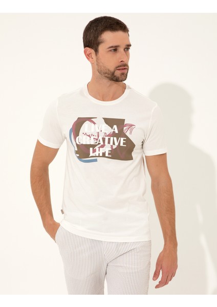Erkek Ekru Slim Fit Bisiklet Yaka Tişört 50249801-VR019