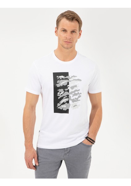 Erkek Beyaz Slim Fit Baskılı Bisiklet Yaka Tişört 50253504-VR013