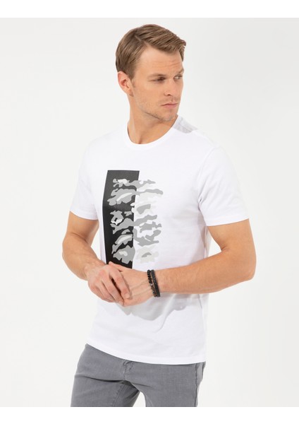 Erkek Beyaz Slim Fit Baskılı Bisiklet Yaka Tişört 50253504-VR013