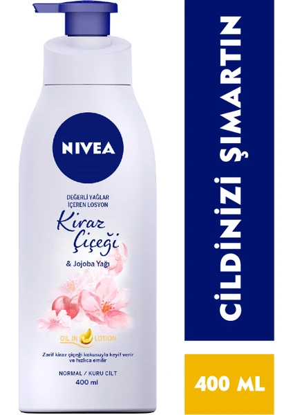 NIVEA Değerli Yağlar İçeren Vücut Losyonu Kiraz Çiçeği & Jojoba Yağı (400ml); Normal / Kuru Ciltler için;  24 Saat Nemlendirme ; Hızlı Emilen Losyon