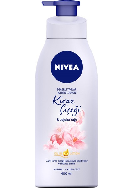 NIVEA Değerli Yağlar İçeren Vücut Losyonu Kiraz Çiçeği & Jojoba Yağı (400ml); Normal / Kuru Ciltler için;  24 Saat Nemlendirme ; Hızlı Emilen Losyon