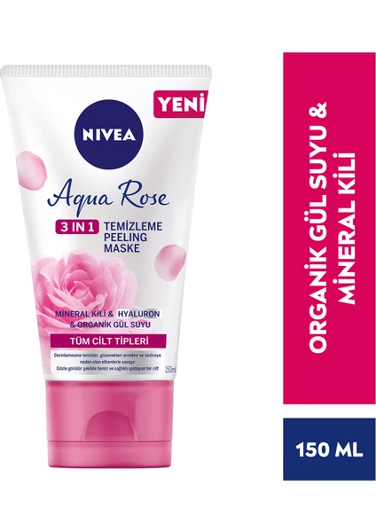 NIVEA Aqua Rose 3ü1 arada Yüz Temizleme Peeling Maske Tüm Ciltler;150ml;Organik Gül Suyu;Hyaluron;Mineal kili ile gözenek arındıcı