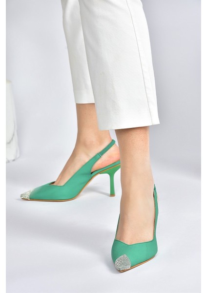 Yeşil Saten Kumaş Taş Detaylı Kadın Topuklu Ayakkabı M882027604 modelleri