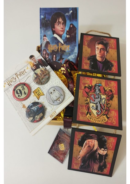 Harry Potter Rozet Seti, Defter, Ahşap Duvar Süsü, Boyun Askı ipi Hediye Seti