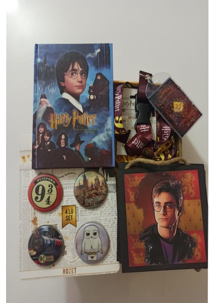 Harry Potter Rozet Seti, Defter, Ahşap Duvar Süsü, Boyun Askı ipi Hediye Seti