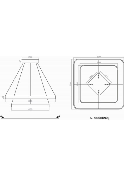 TRA30012 Eco 60*60 cm LED Avize Sarkıt Ovalköşe Larga - Işık Rengi 6500K Soğuk Beyaz