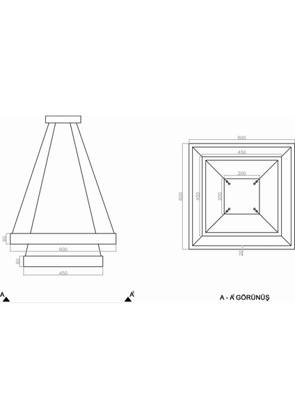 TRA61111 Eco 60*60 cm LED Avize Sarkıt Kare Quınze - Işık Rengi 3000K Sıcak Beyaz modelleri
