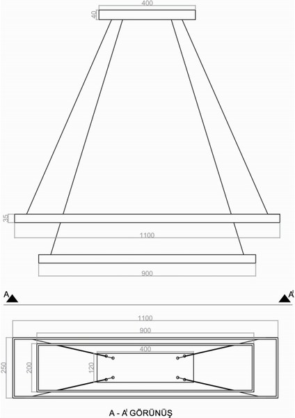 TRA30021 Eco 110*25 cm LED Avize Sarkıt Dikköşe Larga - Işık Rengi 3000K Sıcak Beyaz modelleri