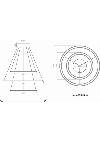 TRA30051 Eco Ø60 cm LED Avize Sarkıt Saturn - Işık Rengi 3000K Sıcak Beyaz