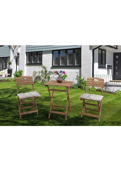 Ahşap Katlanır 2 Kişilik Minderli Masa Sandalye Seti Balkon Bahçe Teras Masa Sandalye Takımı