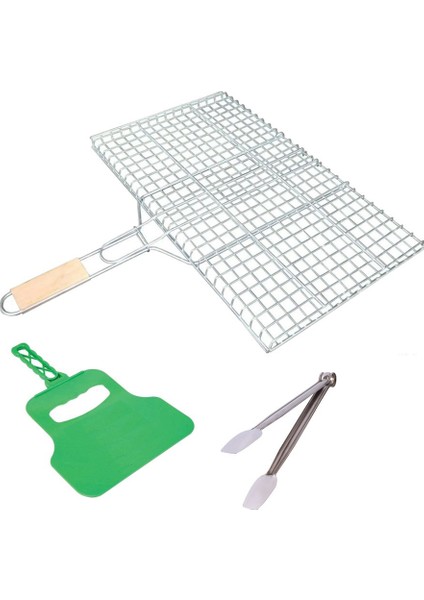 Ahşap Saplı Mangal Teli 25 Cm*40 cm + Mangal Maşası + Yelpaze