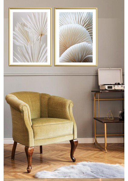 Ikili Gold Alüminyum Metal Çerçeveli Camlı Beyaz Çiçekli Poster Tablo Seti