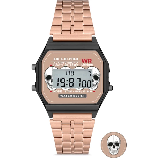 Aqua Di Polo 1987 Kadın Rose Gold Metal Kordonlu Kurukafa Desenli Dijital Retro Saat APWA065700