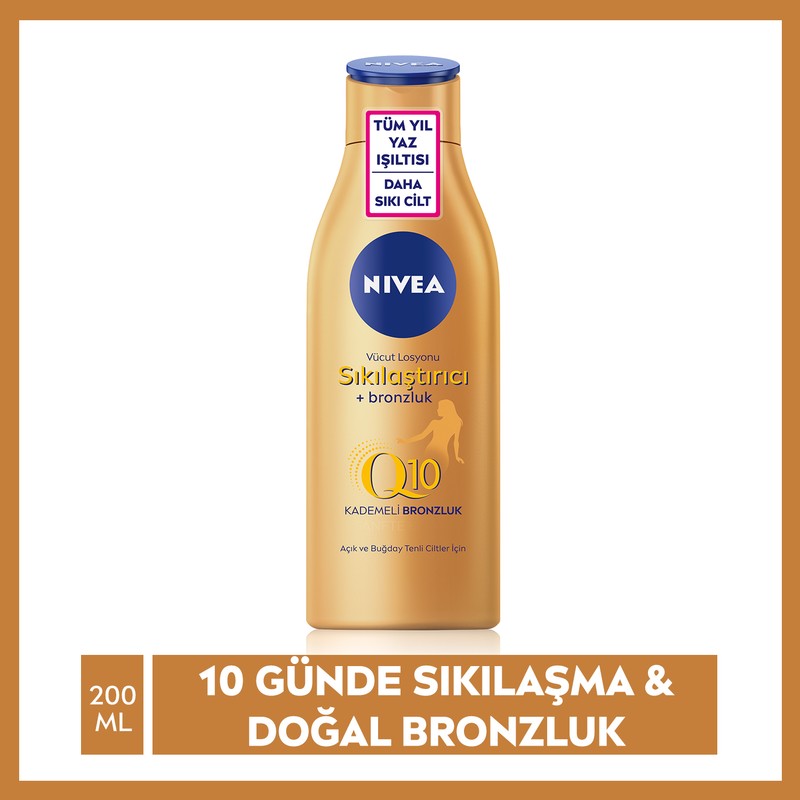 Nivea Q10 Sıkılaştırıcı ve Bronzluk Vücut Losyonu 200ml,10 Günde Sıkılaştırıcı Krem,Doğal Bronzluk,Açık & Buğday Tenli Cilt