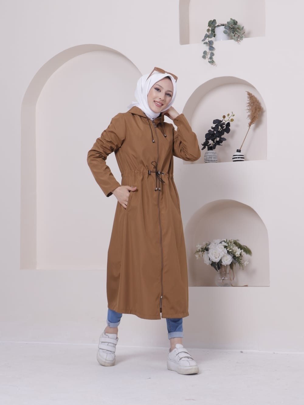 Vibeys Collection Lacivert Içi Çizgili ve Kendinden Astarlı Su Geçirmez Kadın Trençkot