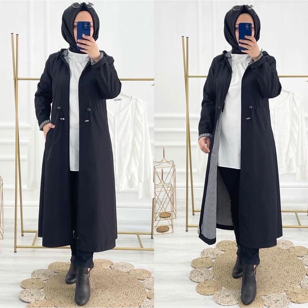 Vibeys Collection Lacivert Içi Çizgili ve Kendinden Astarlı Su Geçirmez Kadın Trençkot görsel 4